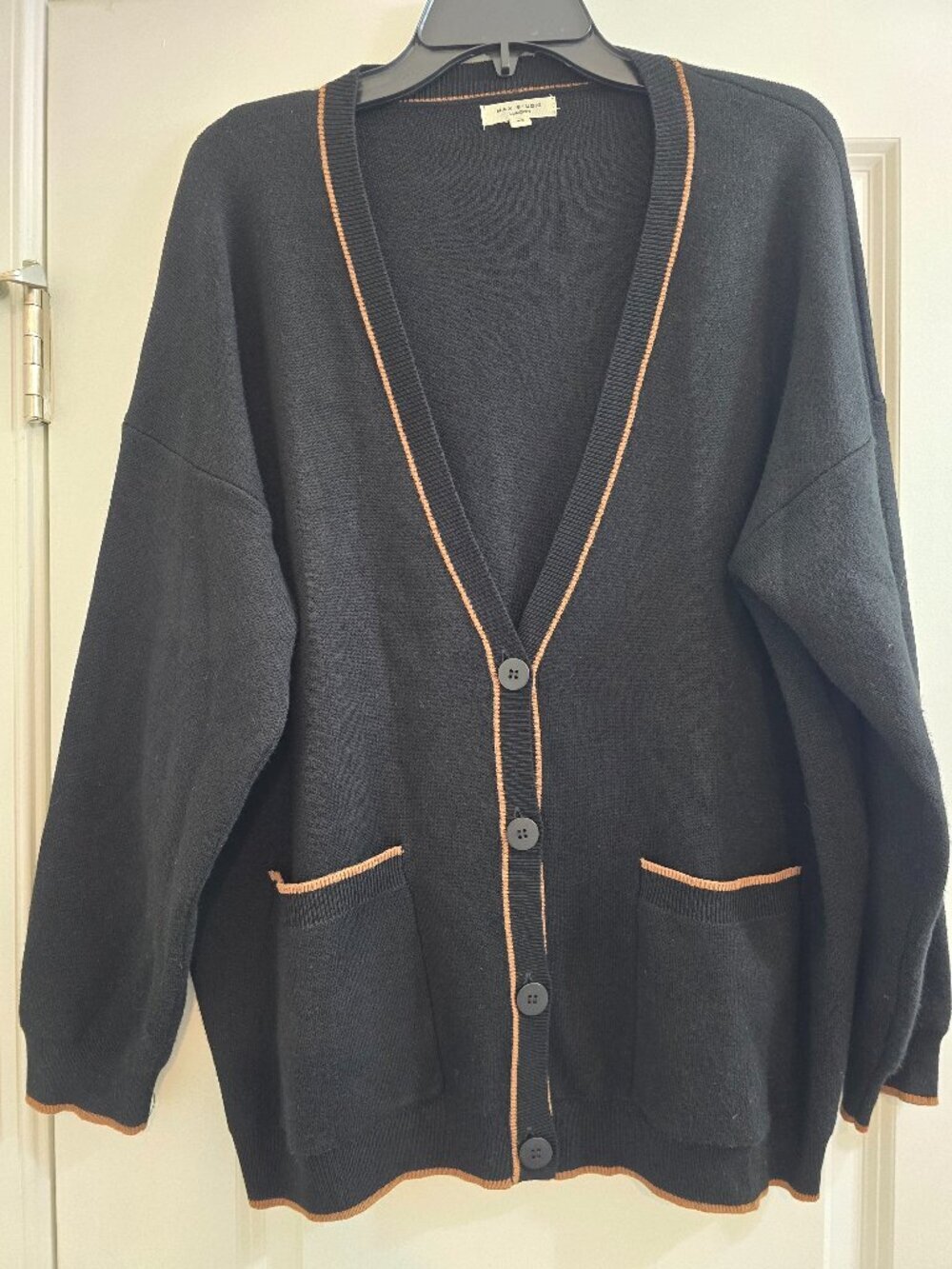 Max Studio Tipped Oversized Cardigan - Black With a Contrasting Tan Trim - Picture 2 of 6
